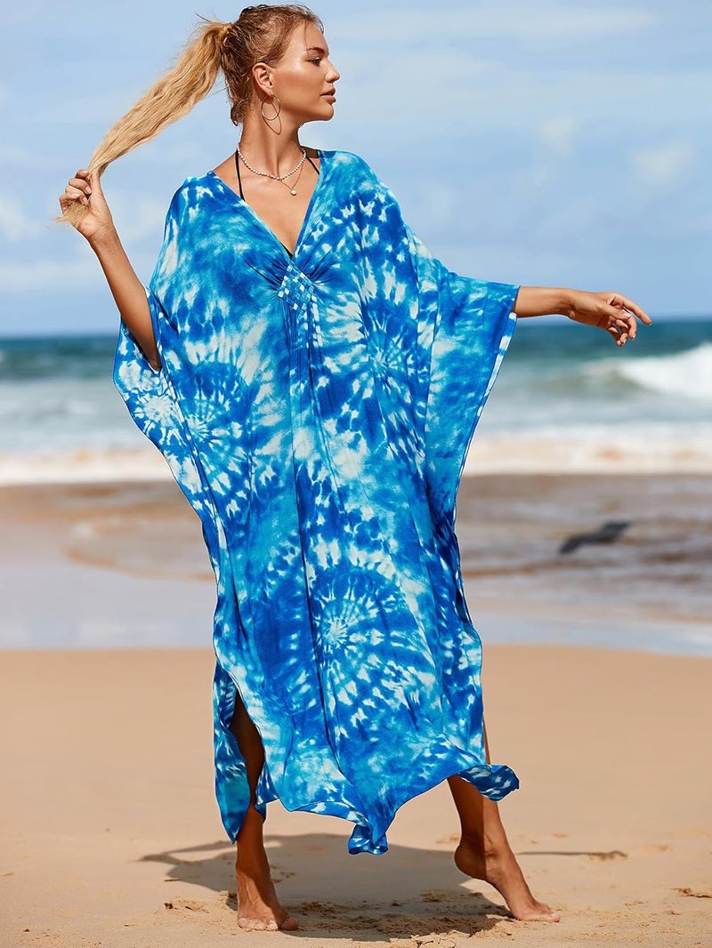 IMAGEKOPE Women's Plus Size Animal Print V-Neck Batwing Kaftan Beach Dress Bathing Suit Cover-Up Loungewear - Image 2